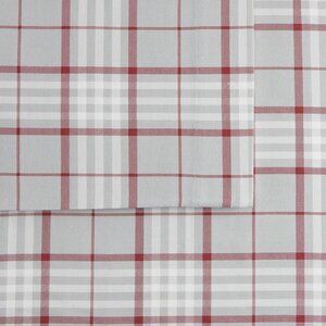 New Cuddl Duds Heavy Weight 100 % Cotton Flannel Sheets KING Grey and Red Plaid